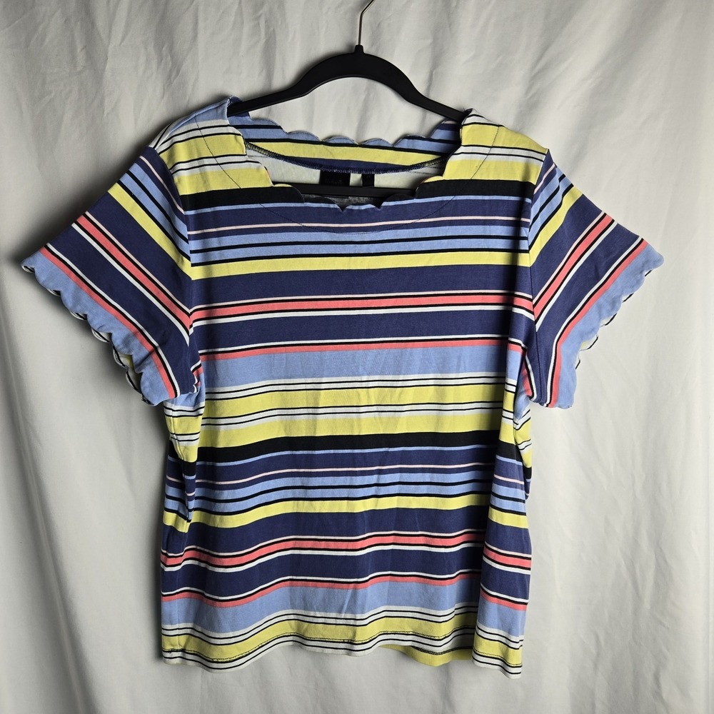 Rafaella Striped Cotton Knit Shirt Scallop Detail Womens 2X Coastal Resort